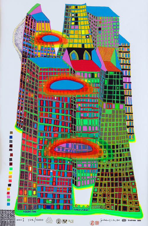 Hundertwasser - Good Morning City - Bleeding Town - series DD - 1969 color screenprint